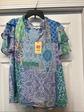 Entro Multi-Color Patchwork Ruffle Sleeve Women's Top with Gold Thread Large New